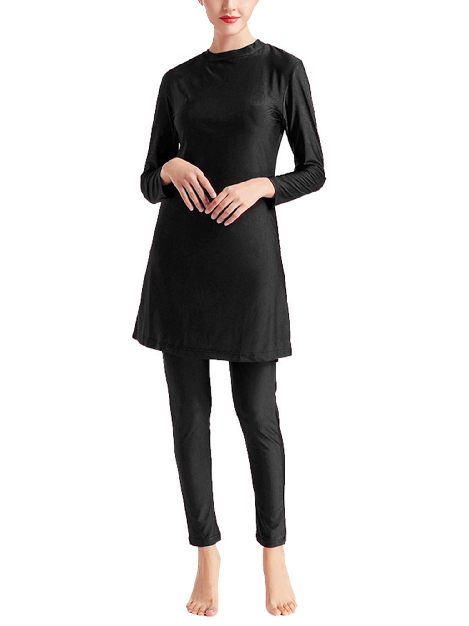 Burkini Women's Swimwear Muslim Modest Long Sleeve Floral Print Top And Pants 2 Piece Swimsuit, Color: Black