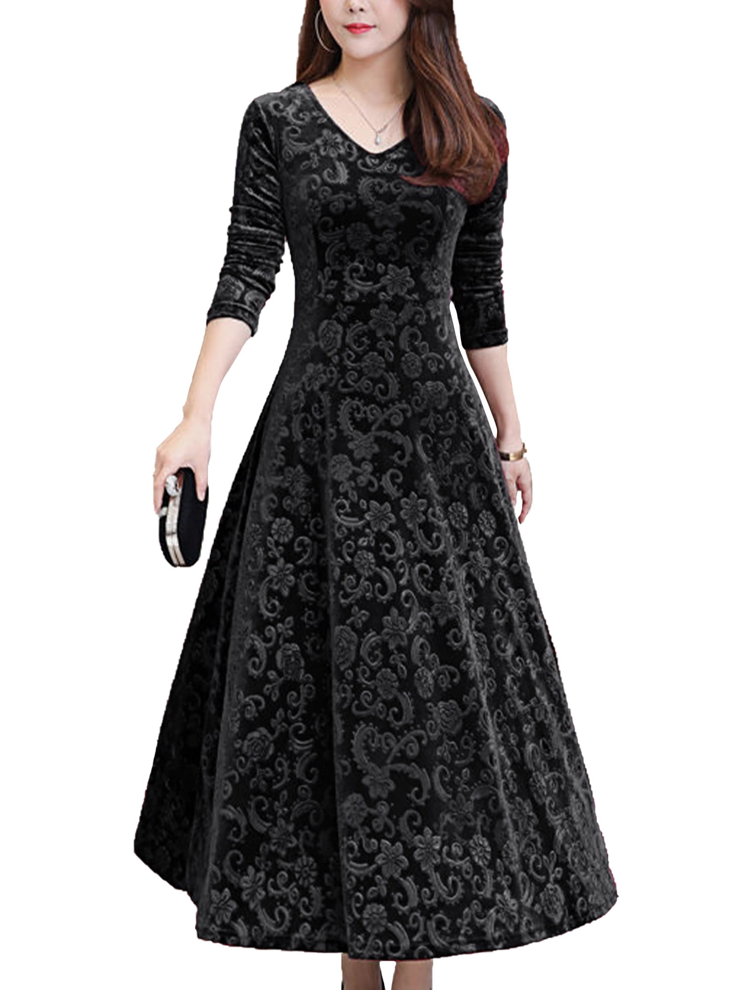 HIMONE Womens V Neck Velvet Formal Dress Women Autumn Winter Evening — free download