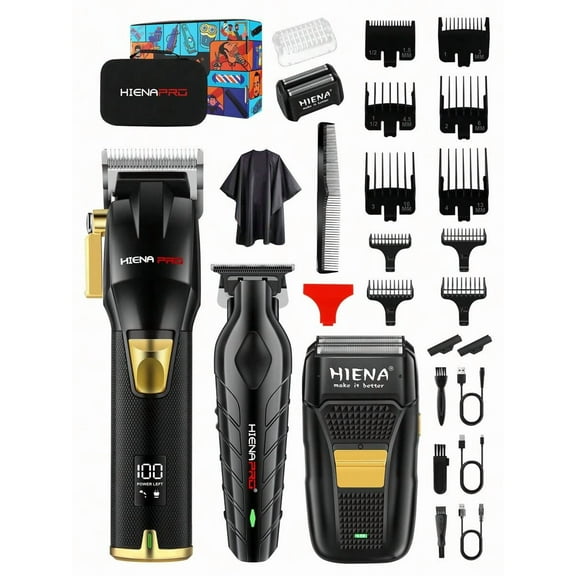 HINEA 3-Piece Hair Clipper Set, High-Power Hair Clipper, T-Shaped Blade Carving Scissors, Compound Shaver With Replacement Blade And Mesh