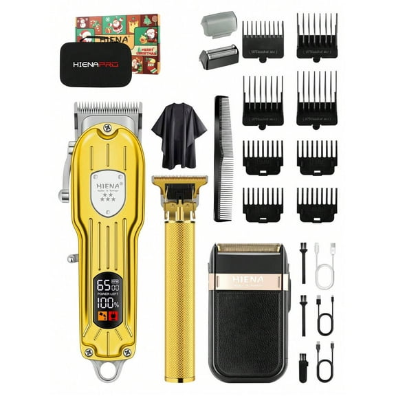 HINEA Christmas Essential Men's Three-Piece Grooming Tool Set, featuring an electric hair clipper, LED display, reciprocating shaver, and exquisite personal care tool kit.