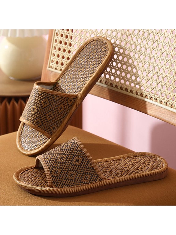 1Pair Slippers for Home Use, Coffee Rattan Design with Tpr Sole, Breathable and Wear Resistant