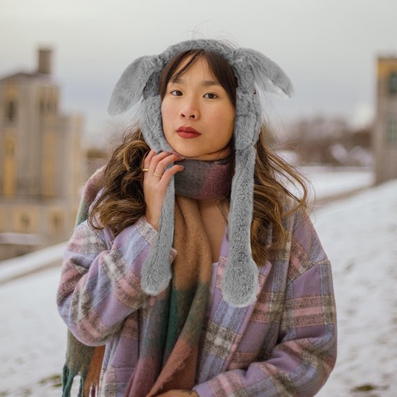 HINTRMENT 1Pc Grey Plush Easter Earmuffs with Cute Ear Design, Windproof Ear Warmers for Party and Outdoor Use