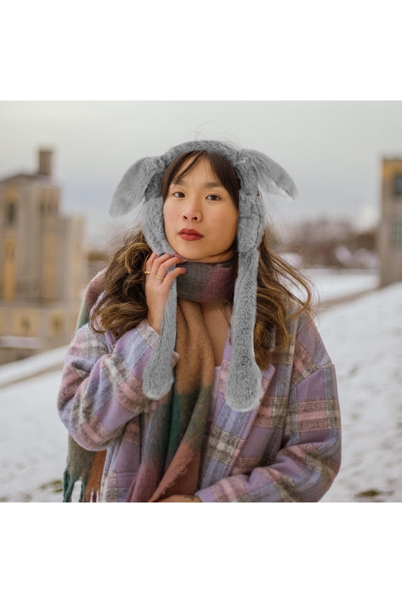 1Pc Grey Plush Easter Earmuffs with Cute Ear Design, Windproof Ear Warmers for Party and Outdoor Use