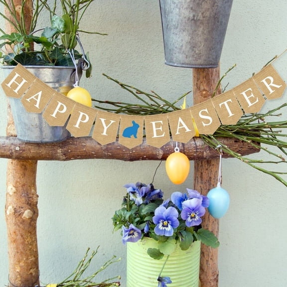 HINTRMENT 1Set Bunny Patterned Banner Swallowtail Shape Blue Jute And Non-Woven Fabric For Easter Party