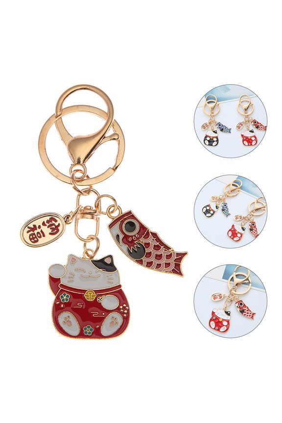 2Pcs Fortune Cat Keychain Red Alloy Japanese Style Key Ring Decorative Key Accessory for Bags