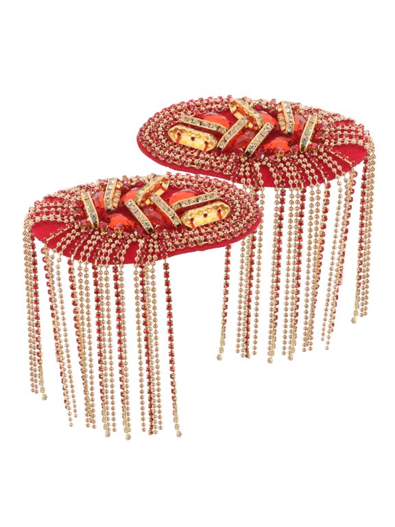 2pcs Punk Shoulder Epaulette Beaded Tassel Patch Red Fabric Bead