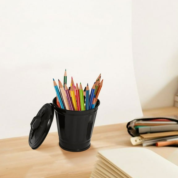 HINTRMENT 3Pcs Metal Bucket with Lid Small Trash Can Multifunctional Pen Holder Black