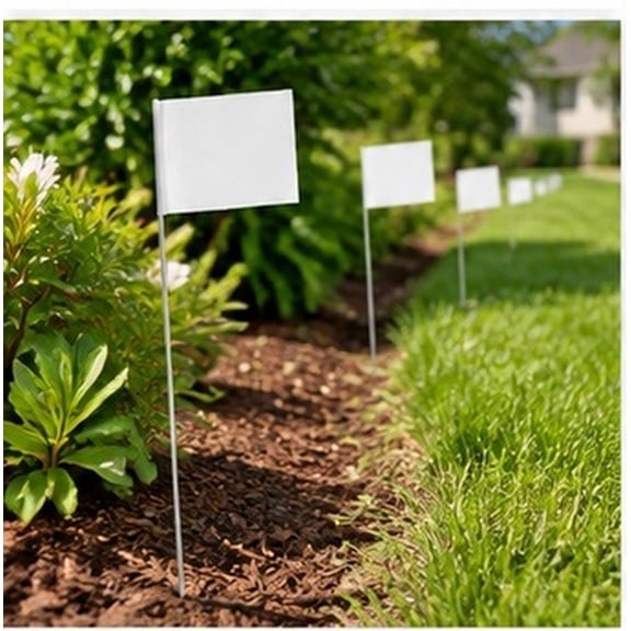 HINTRMENT 60Pcs White Boundary Marker Flags with Durable Construction, PVC Wire Stakes for Landscape Marking