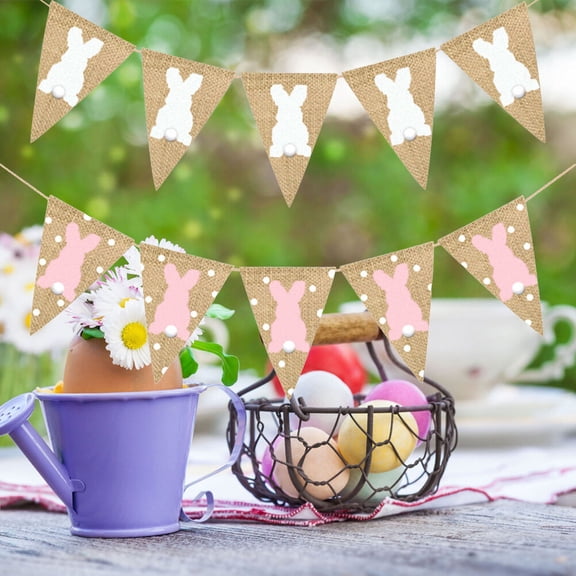 HINTRMENT Easter Rabbit Banner Garland for Party Decorations Made of Burlap in Assorted Colors 2PCS White Pink