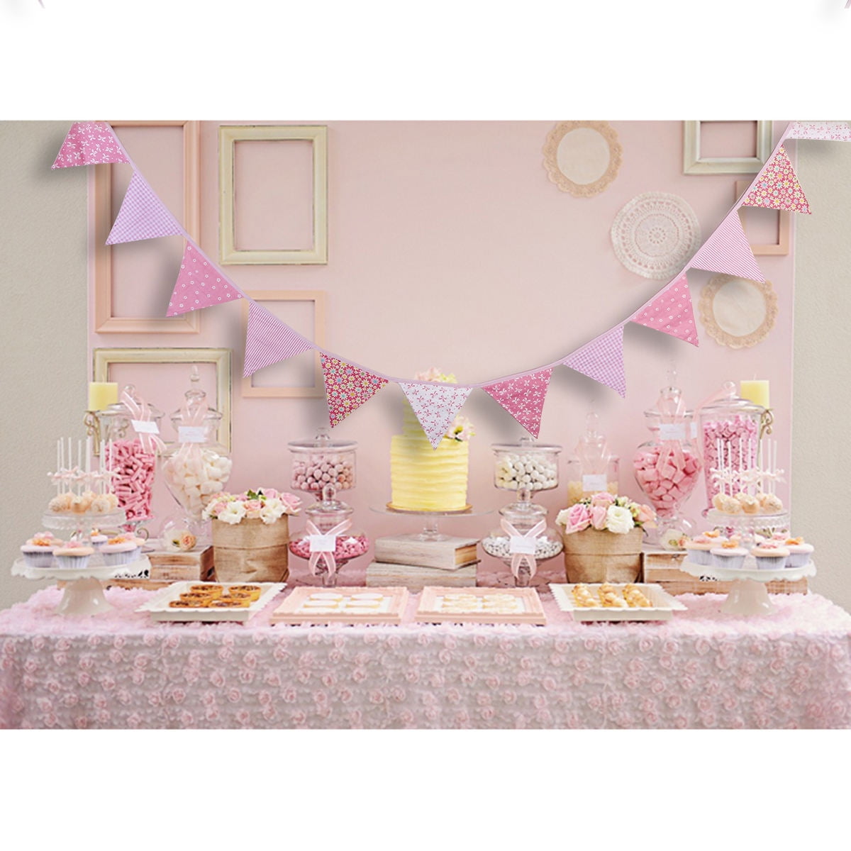 HINTRMENT Pink Cotton Triangle Flag Garland 12Pcs for Girls Party ...