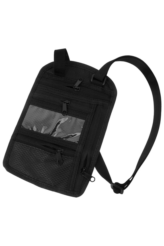 Travel Passport Case with Zipper and Neck Strap Black Multifunctional Document Organizer