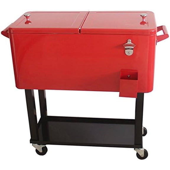 HIO 73 Qt Outdoor Patio Cooler Table On Wheels, Rolling Cooler with Shelf, Red$$Garden & Patio