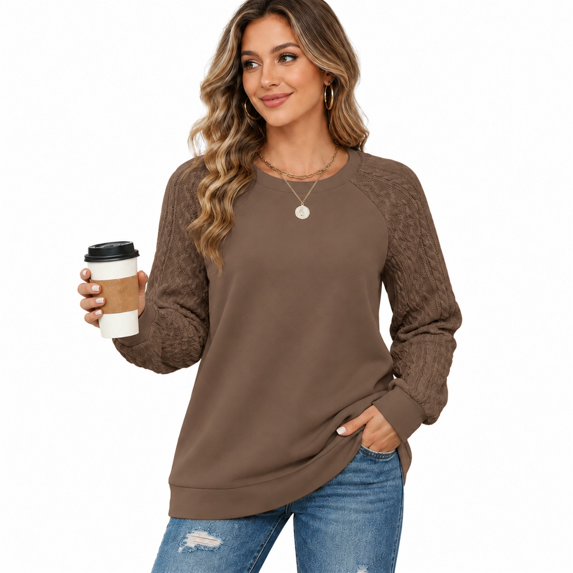 HIOK 2026 Crewneck Sweatshirt with Cable-Knit Patchwork Sleeves, Lightweight Loose-Fit Tunic for Casual Winter Layering