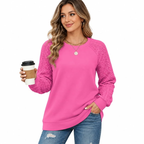 HIOK 2026 Crewneck Sweatshirt with Cable-Knit Patchwork Sleeves, Lightweight Loose-Fit Tunic for Casual Winter Layering