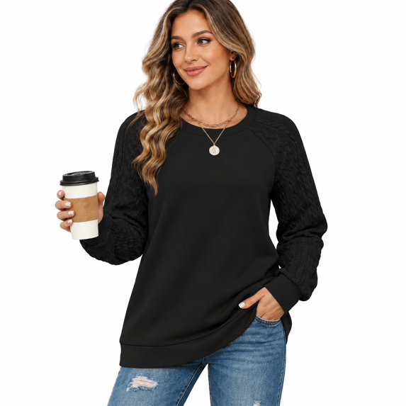HIOK 2026 Crewneck Sweatshirt with Cable-Knit Patchwork Sleeves, Lightweight Loose-Fit Tunic for Casual Winter Layering