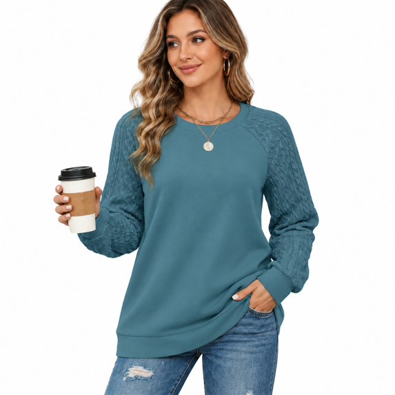 HIOK 2026 Crewneck Sweatshirt with Cable-Knit Patchwork Sleeves, Lightweight Loose-Fit Tunic for Casual Winter Layering