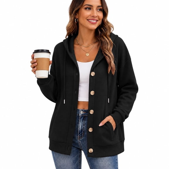 HIOK 2026 Oversized Hooded Sweatshirt with Button Front, Spacious Pockets and Lightweight Long-Sleeve Design, S-3XL