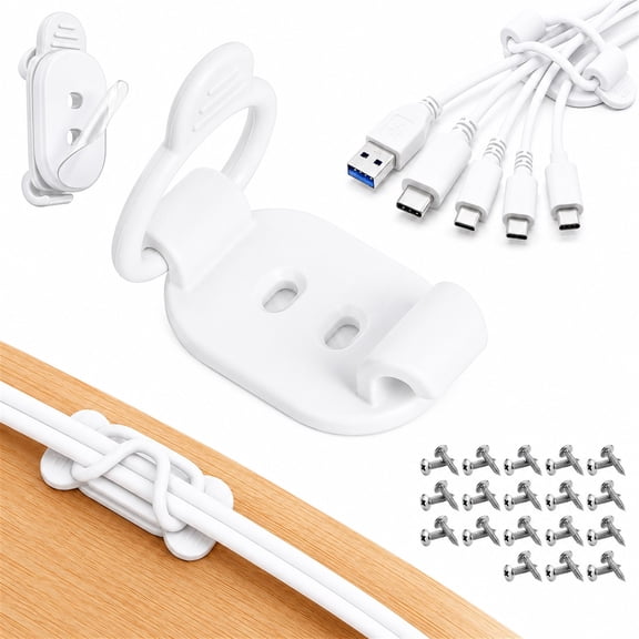 HIOK Reusable Cord Organizer Clips, 20-Pack White Cable Holders for Desks, TV Areas and Appliance Cords with Silicone Straps