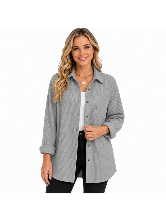 Waffle-Knit Button-Down Shacket with Long Sleeves and Chest Pocket, Lightweight Relaxed Polyester Layering Top