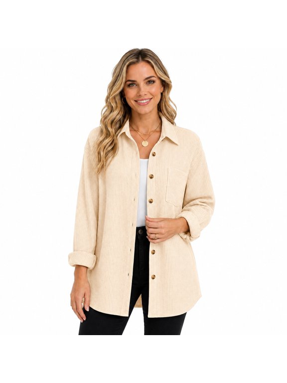 Waffle-Knit Button-Down Shacket with Long Sleeves and Chest Pocket, Lightweight Relaxed Polyester Layering Top