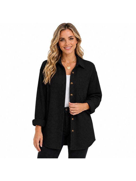 Waffle-Knit Button-Down Shacket with Long Sleeves and Chest Pocket, Lightweight Relaxed Polyester Layering Top