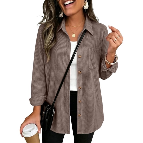 HIOK Waffle Knit Shacket for Women 2026 Long Sleeve Button Down Shirts | Collared Shirts, Business Casual Work Tops, Shirt Jackets, Ladies Blouses, Chest Pocket, Lightweight, Outerwear, Fall Clothes