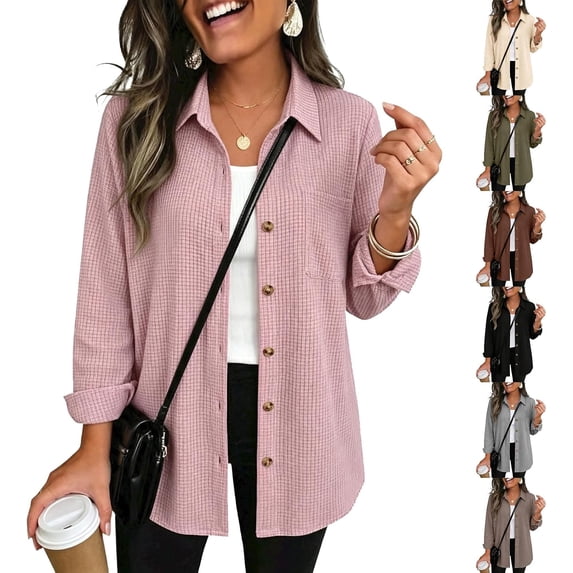HIOK Waffle Knit Shacket for Women 2026 Long Sleeve Button Down Shirts | Collared Shirts, Business Casual Work Tops, Shirt Jackets, Ladies Blouses, Chest Pocket, Lightweight, Outerwear, Fall Clothes
