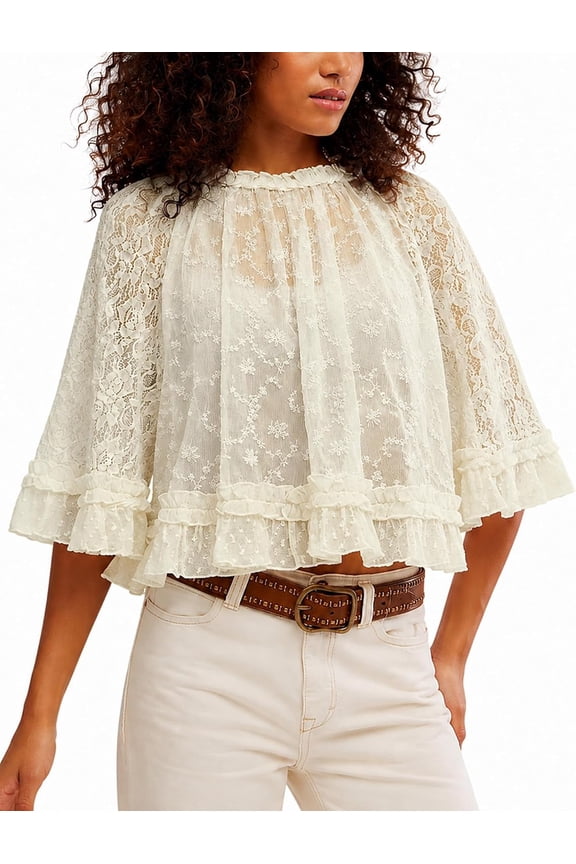 Women Boho Sheer Lace Poncho Top See Through Blouse Loose Flowy Pullover | Sheer boho lace cape top with crew neck ruffle hem, loose flowy fit, versatile layering piece