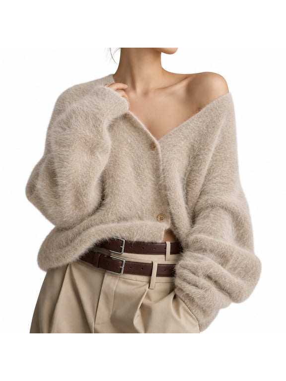 Women's 2026 Fuzzy Knit Cardigan, Soft V-Neck Long-Sleeve Sweater with Relaxed Fit, Solid Color and Open Button Front