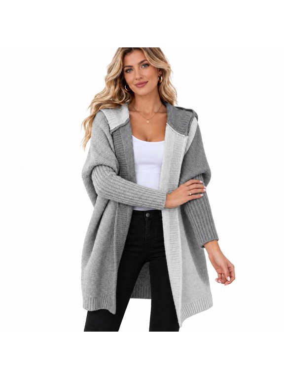 Women's 2026 Hooded Knit Cardigan, Color-Block Patchwork Open Front Long-Sleeve Sweater for Casual Spring, Fall and Winter Wear