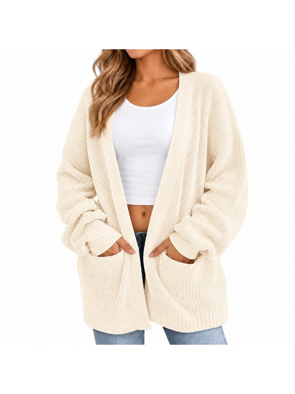 Women's 2026 Oversized Knit Cardigan, Soft Open Front Sweater with Drop Shoulders, Cuffed Long Sleeves and Deep Patch Pockets