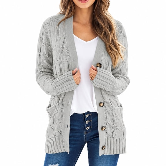 HIOK Women's Cable Knit Cardigan, Soft Chunky Long-Sleeve Button-Down Sweater with Loose Fit, Twist Pattern and Ribbed Cuffs and Hem