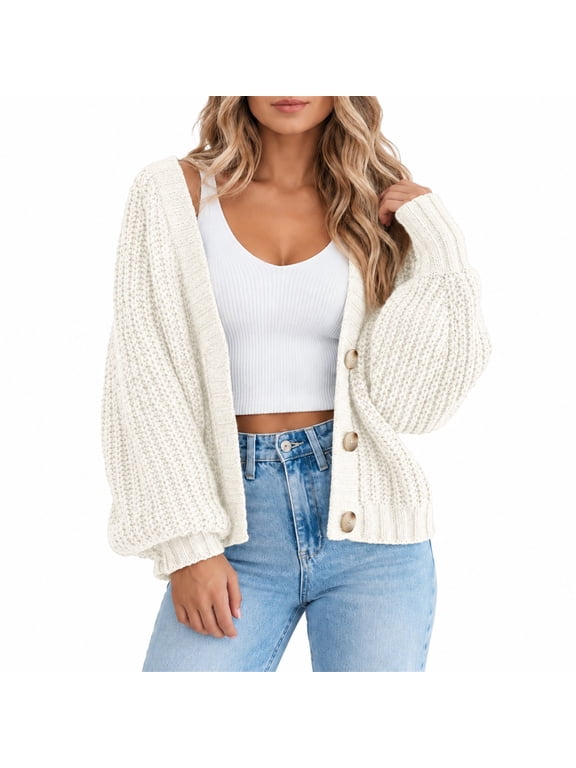 Women's Chunky Knit Cardigan, Short Oversized Long-Sleeve Sweater with Deep V-Neck, Open Button Front and Solid Color Design