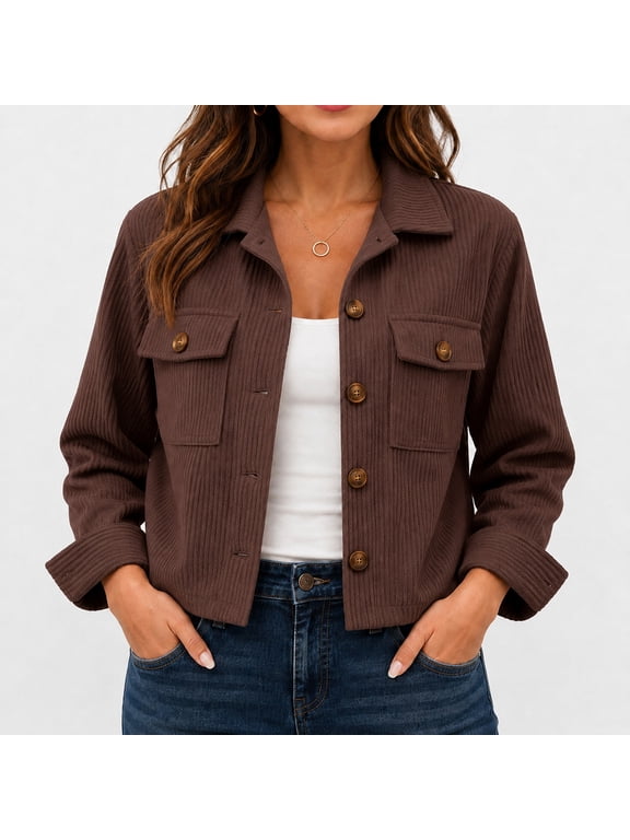 Women's Cropped Corduroy Shirt Jacket, Lightweight Polyester Button-Down Shacket with Long Sleeves, Collar and Flap Pockets