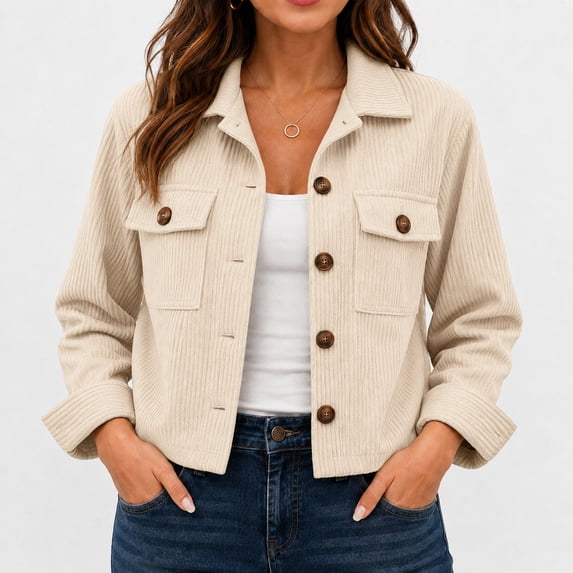 HIOK Women's Cropped Corduroy Shirt Jacket, Lightweight Polyester Button-Down Shacket with Long Sleeves, Collar and Flap Pockets