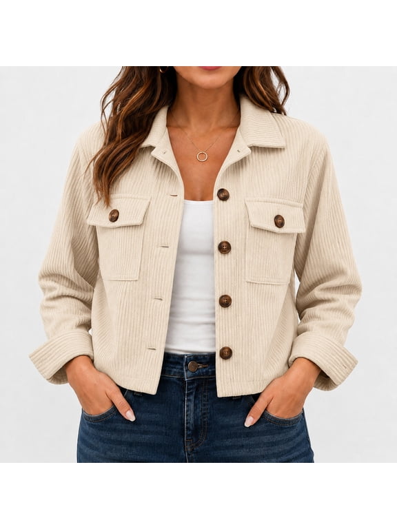 Women's Cropped Corduroy Shirt Jacket, Lightweight Polyester Button-Down Shacket with Long Sleeves, Collar and Flap Pockets