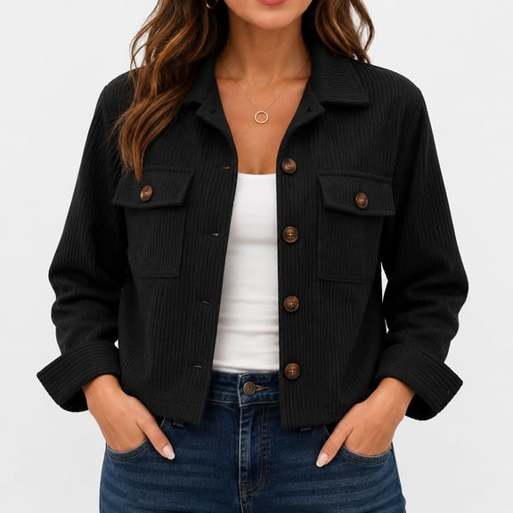 HIOK Women's Cropped Corduroy Shirt Jacket, Lightweight Polyester Button-Down Shacket with Long Sleeves, Collar and Flap Pockets
