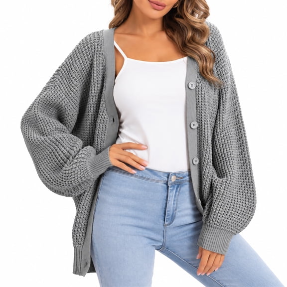 HIOK Women's Pure Cotton Oversized Cardigan, Dense-Knit V-Neck Button-Down Sweater with Dropped Shoulders and Hip-Length Fit