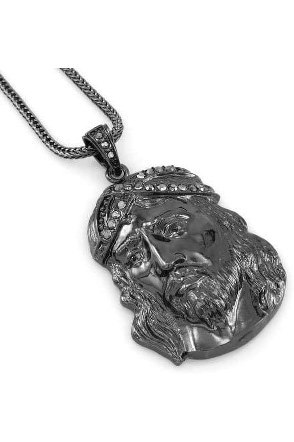 HIP HOP BLING HEMATITE BLACK ICED OUT JESUS FACE PENDANT (2)