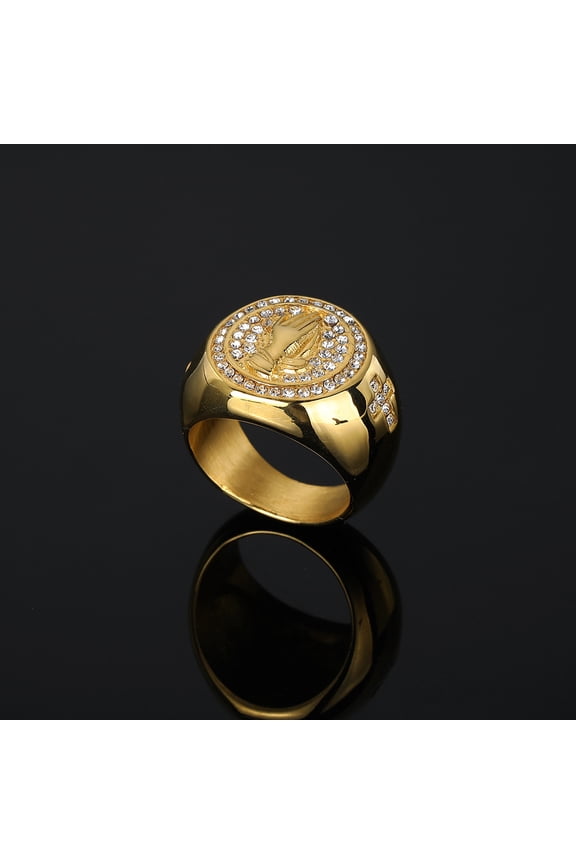 HIP HOP Bling Iced Out 14K Yellow Gold Cross Pattern The Praying Hands Round Rings for Men Rock Jewelry