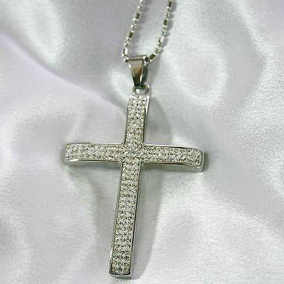 HIP HOP CZ BLING STAINLESS STEEL CROSS AND RHODIUM PLATED NECKLACE