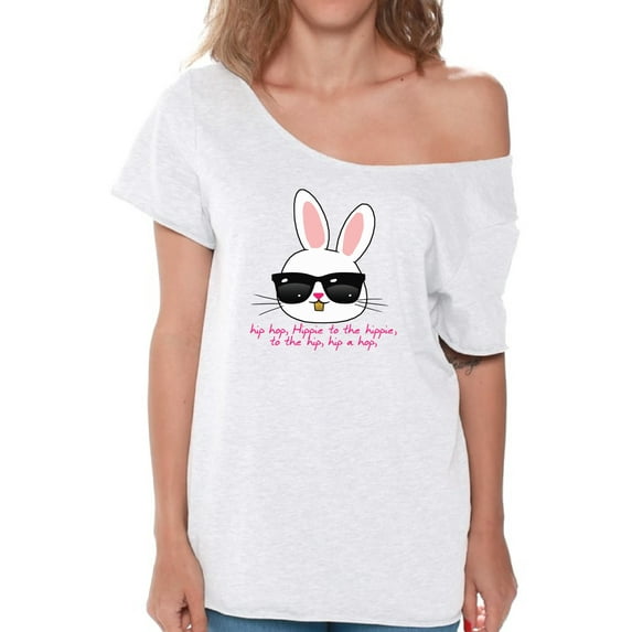 HIP HOP Easter Bunny Graphic Off Shoulder Shirt - Happy Easter Day Off The Shoulder Top - Christian Holiday Easter's Outfit for Women