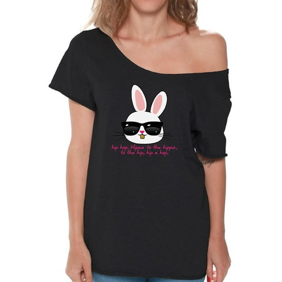 HIP HOP Easter Bunny Graphic Off Shoulder Shirt - Happy Easter Day Off The Shoulder Top - Christian Holiday Easter's Outfit for Women