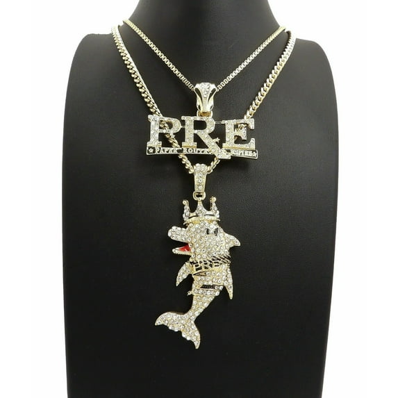 HIP HOP RAPPER STYLE JEWELRY ICED GOLD PLATED PRE & DOLPHIN CUBIC ZIRCONIA STONE CHARM PENDANT & 20" 24" BOX, CUBAN CHAIN FASHION BLING NECKLACE