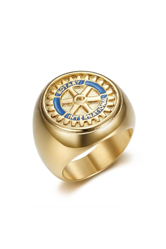 HIP Hop Rock 14K Yellow Gold Rotary International Round Finger Rings for Men Rapper Jewelry