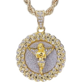 HIPHOP 14 K Gold Plated Hip Hop Gold-Tone Praying Angel Round Pendant and Rope Chain 20" HC 121 G / Metaltree98