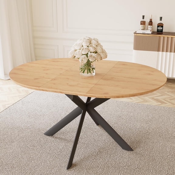 HIPIHOM 43.2"-59.1" Extendable Round Dining Table, Mid-Century Modern Oak Finish, MDF, Space-Saving, for 4-6 Person, Kitchen & Coffee Table