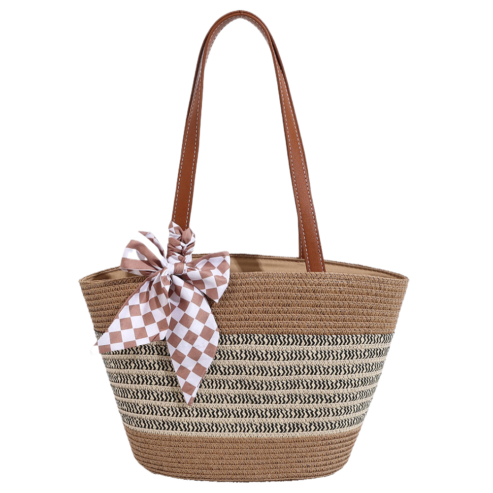Women's Straw Tote Handbag – Large Crochet Beach Bag With Sequins, Boho Summer Travel Bag, Contrast Color Weaving