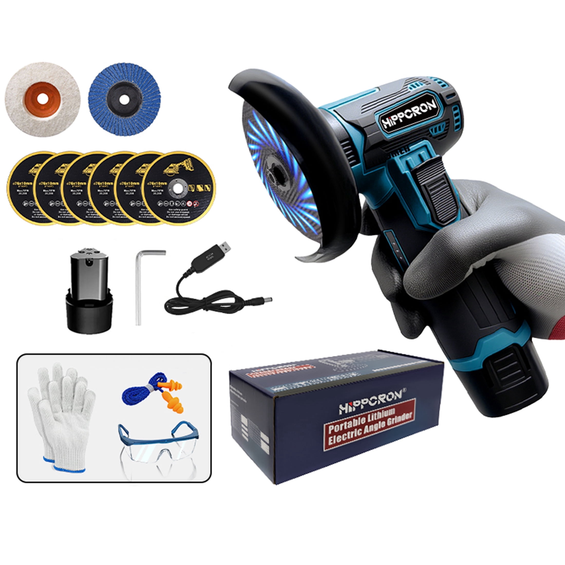 HIPPCRON 12V 3" Cordless Angle Grinder, 19500RPM, 1x Battery, with Grinding Discs, Polishing Wheels and Wrench