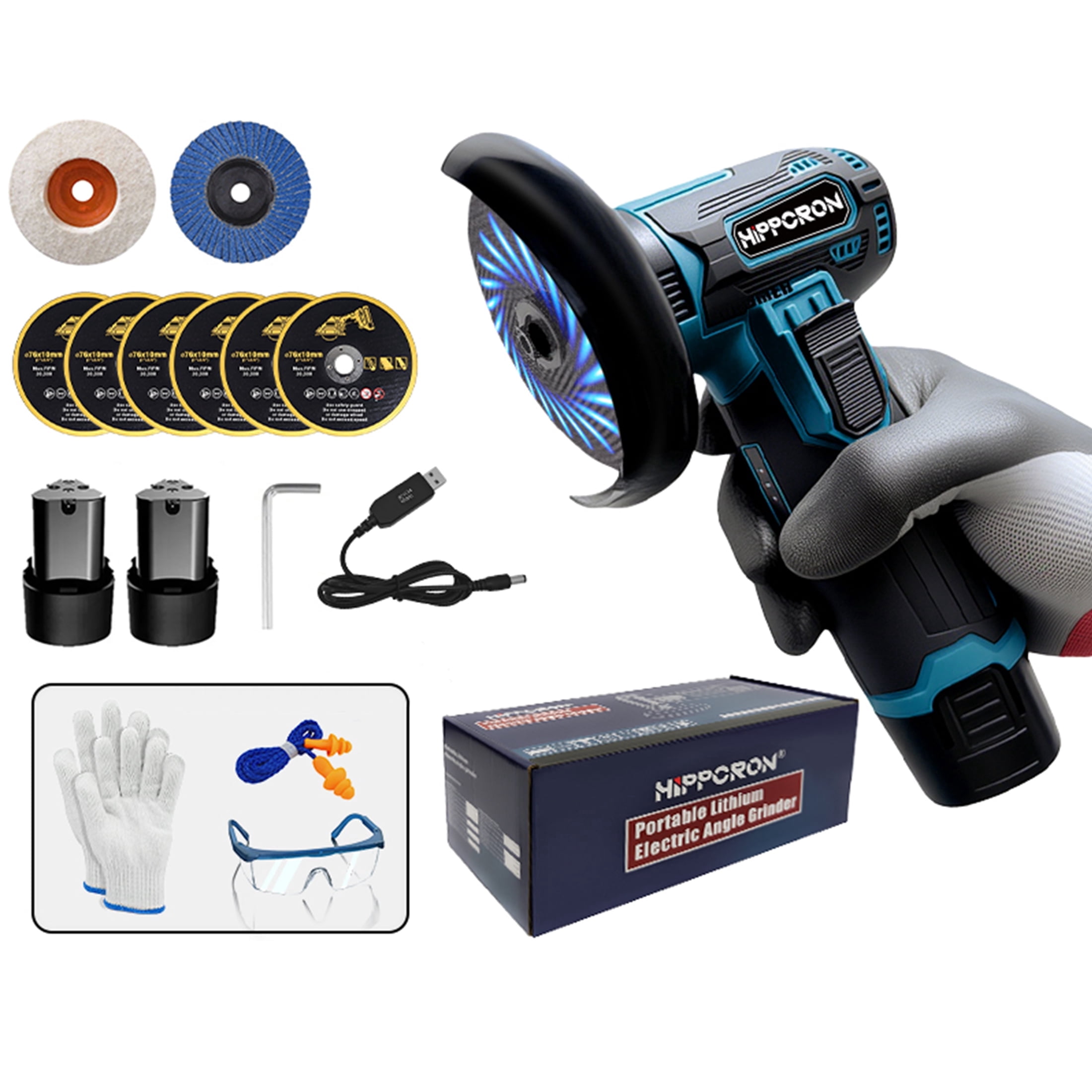 HIPPCRON 12V 3" Cordless Angle Grinder, 19500RPM, 2x Batteries, with Grinding Discs, Polishing Wheels and Wrench